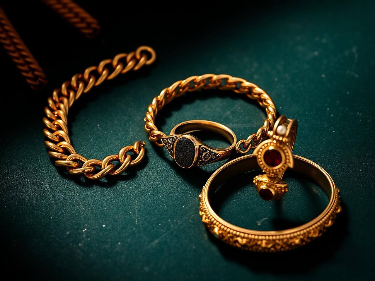 Men's gold-toned artificial jewellery — cuban chain, oxidised bracelet, signet ring and kada