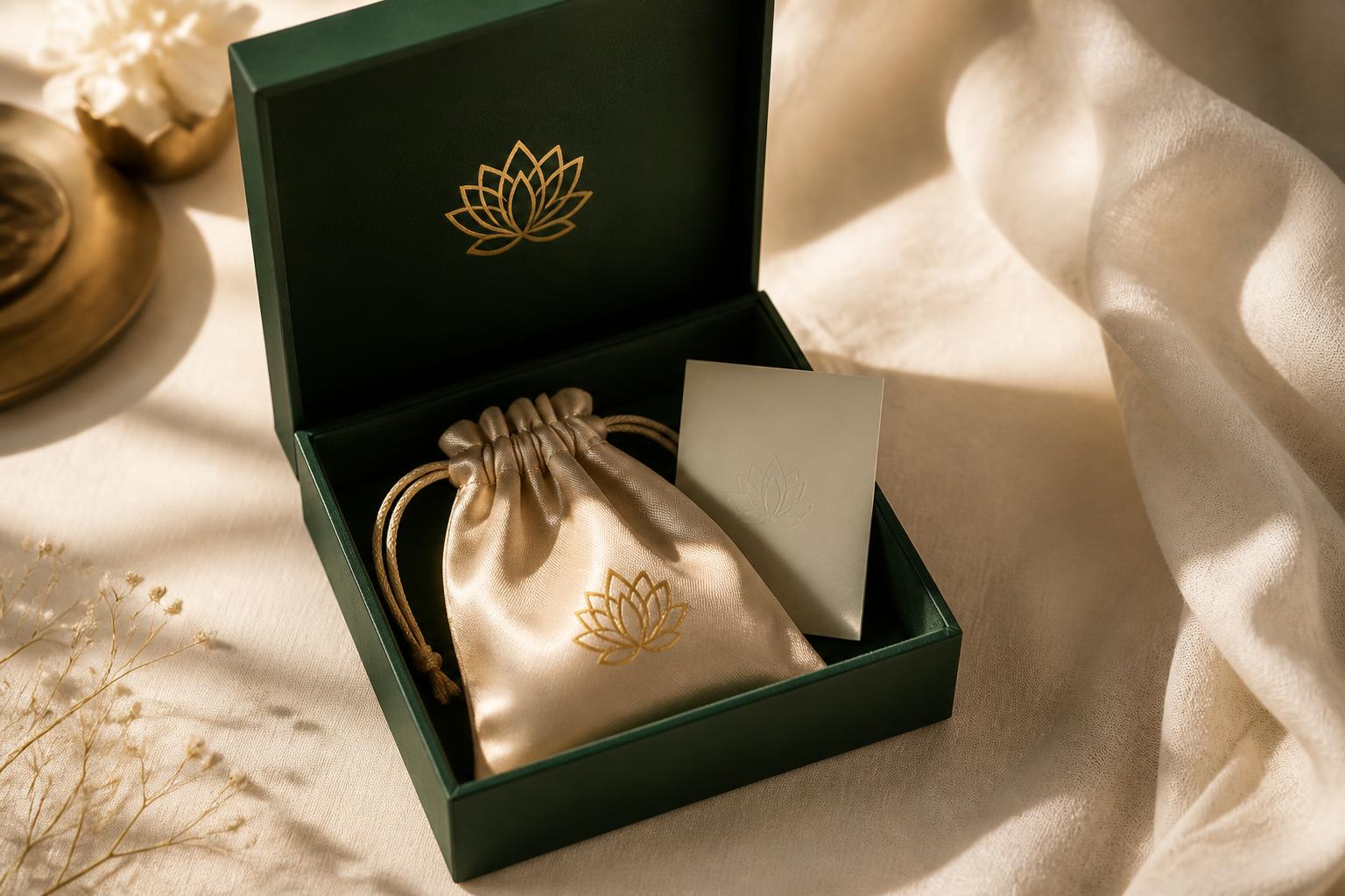 Divipraa emerald gift box with champagne pouch and care card