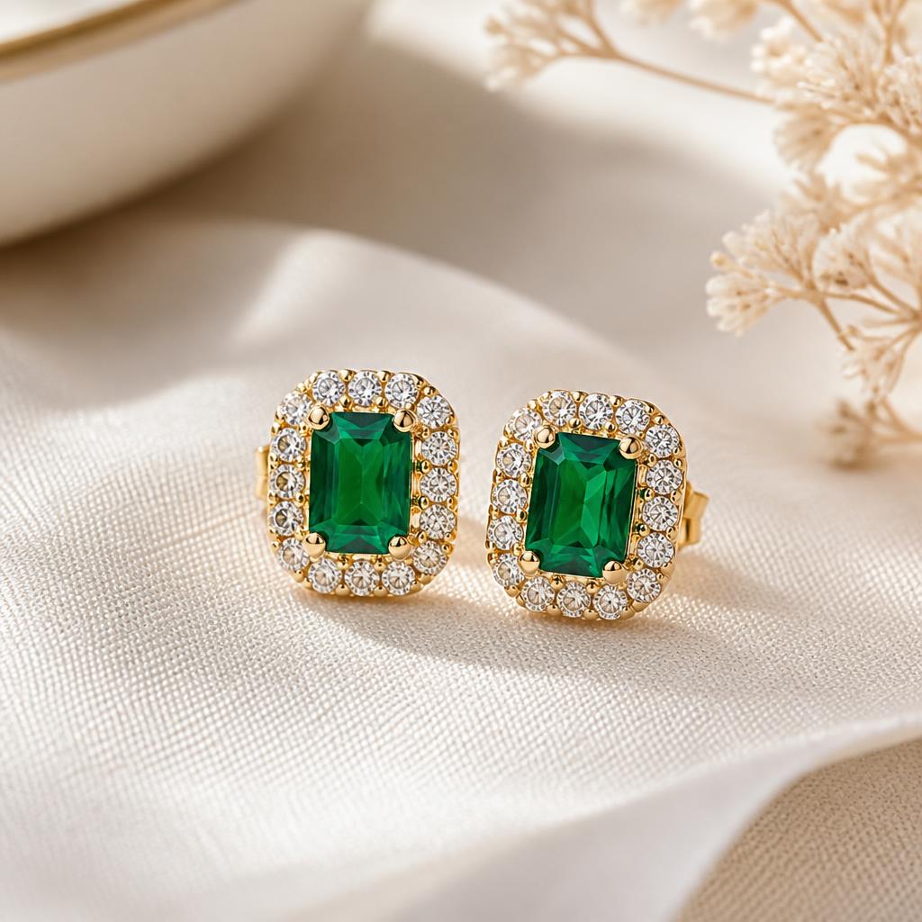 Emerald Halo Studs gold-toned stud earrings for women — studio front view · anti-tarnish artificial jewellery by Divipraa