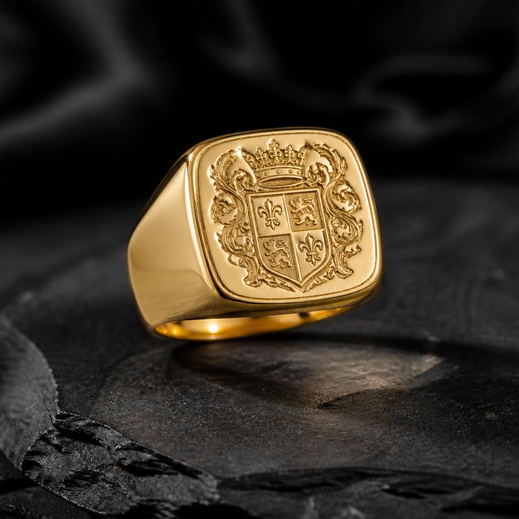 Men's Signet Ring gold-toned cocktail ring for men — studio front view · anti-tarnish artificial jewellery by Divipraa