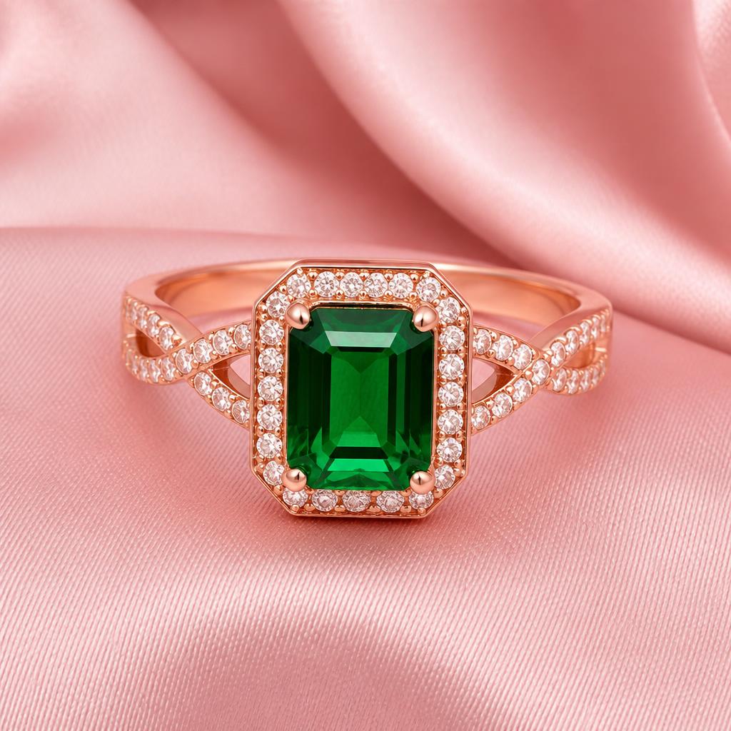Rose Gold Emerald Ring rose gold-toned cocktail ring for women — studio front view · anti-tarnish artificial jewellery by Divipraa